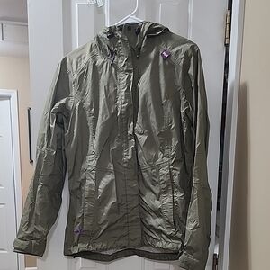 Helly Hanson Olive Green Hooded Rain Jacket with Purple Accents